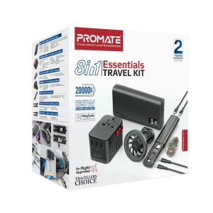 Promate 7-in-1 Charging Travel Kit with 20000mAh Power Bank, 36W Universal AC Adapter, 65W Mini Car Charger, Magnetic Mount, USB-C to Lightning Cable, USB-C Cable & Accessory Kit