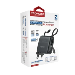Promate 20000mAh Power Bank with 27W Power Delivery, USB-C and Lightning Cables, AC/DC Dual Mode Charging Input, UK/EU/US Plugs Included