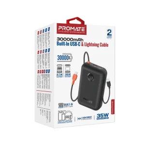 Promate 30000mAh Power Bank with Built-in 30W PD USB-C Cable & 27W Lightning Cable