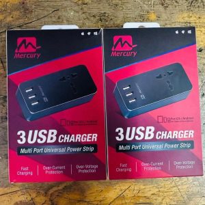 Mercury Multiport Universal Power Strip 5V 4A 3 x USB + 1 x Universal Socket, Funnel Bag, 1.2M Cable